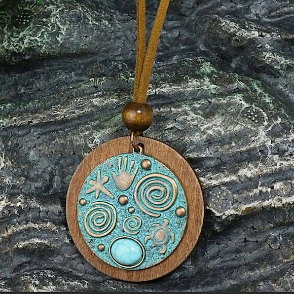 NEW Turquoise Bronzed Spiral Pendant Suede Necklace Life Circle Turtle WIsdom - Picture 1 of 13